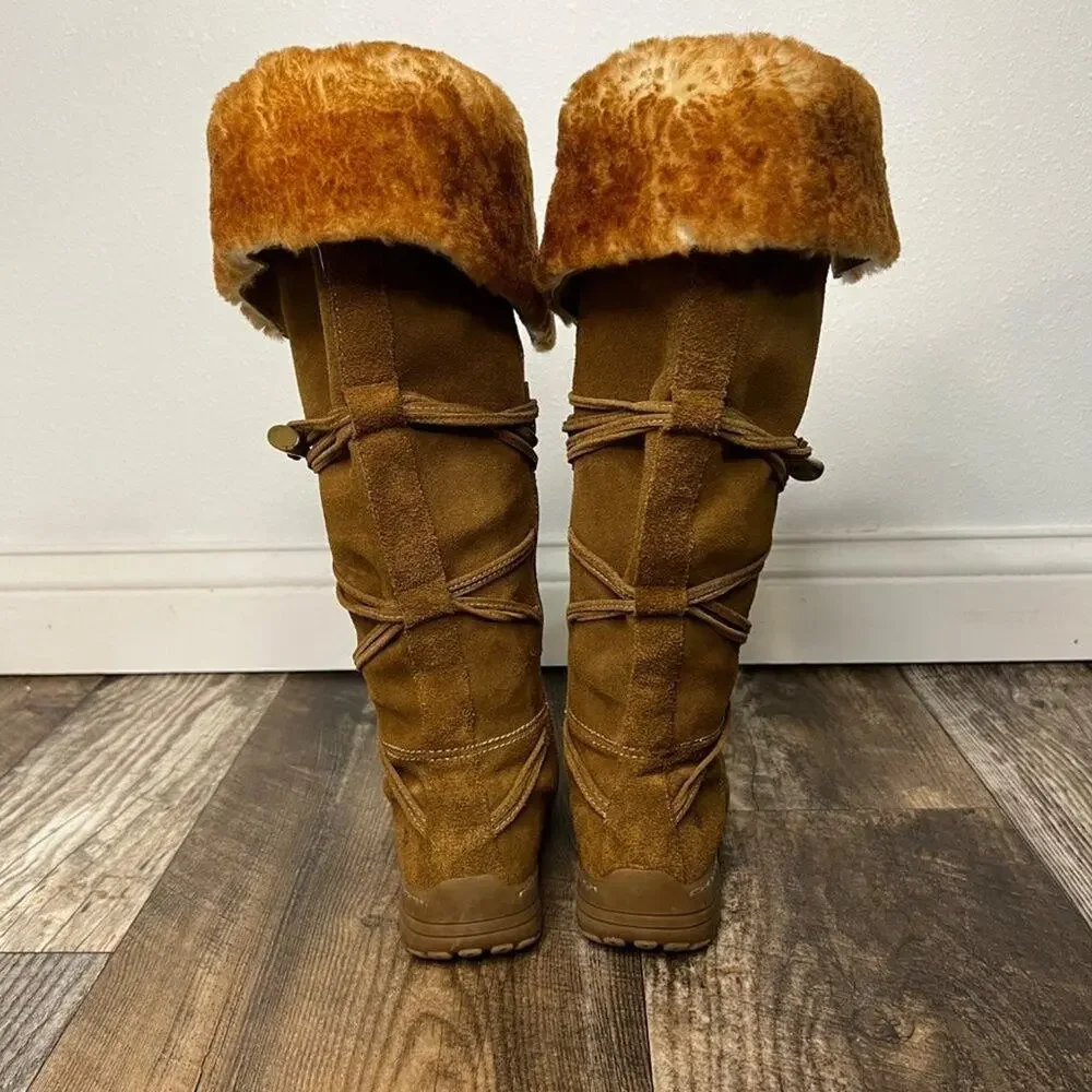 Ruff Hewn Womens Suede Shearling Fold Over Tall Boot Tan Fairycore Y2K Style